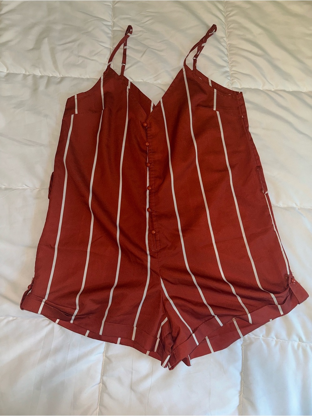 Zaful Rust Red Striped Button Romper